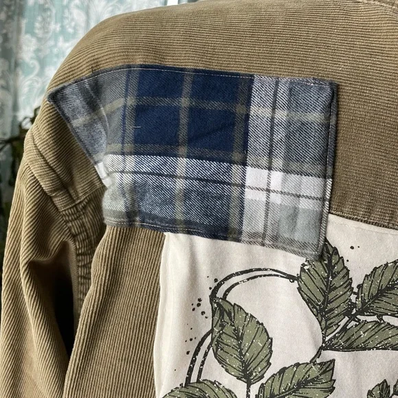 Boho retro upcycled plaid floral graphic patchwork corduroy Dockers button down - Picture 9 of 16